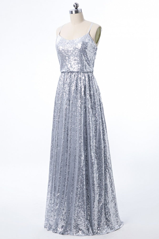 Silver Straps Sequin A-Line Long Bridesmaid Dress