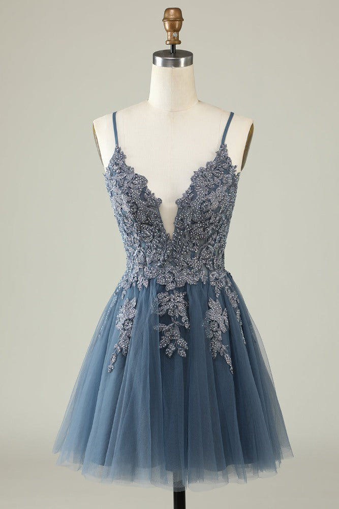 Dust Blue Applique A-line Short Homecoming Dress with Lace-up