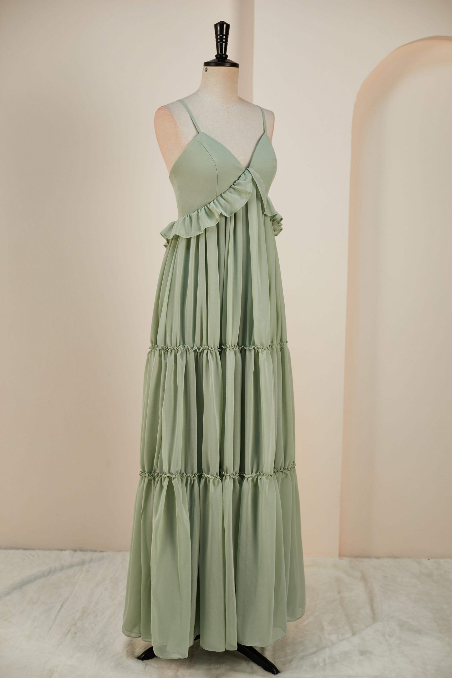 Deep V-Neck Dusty Sage Chiffon Ruffled Long Bridesmaid Dress