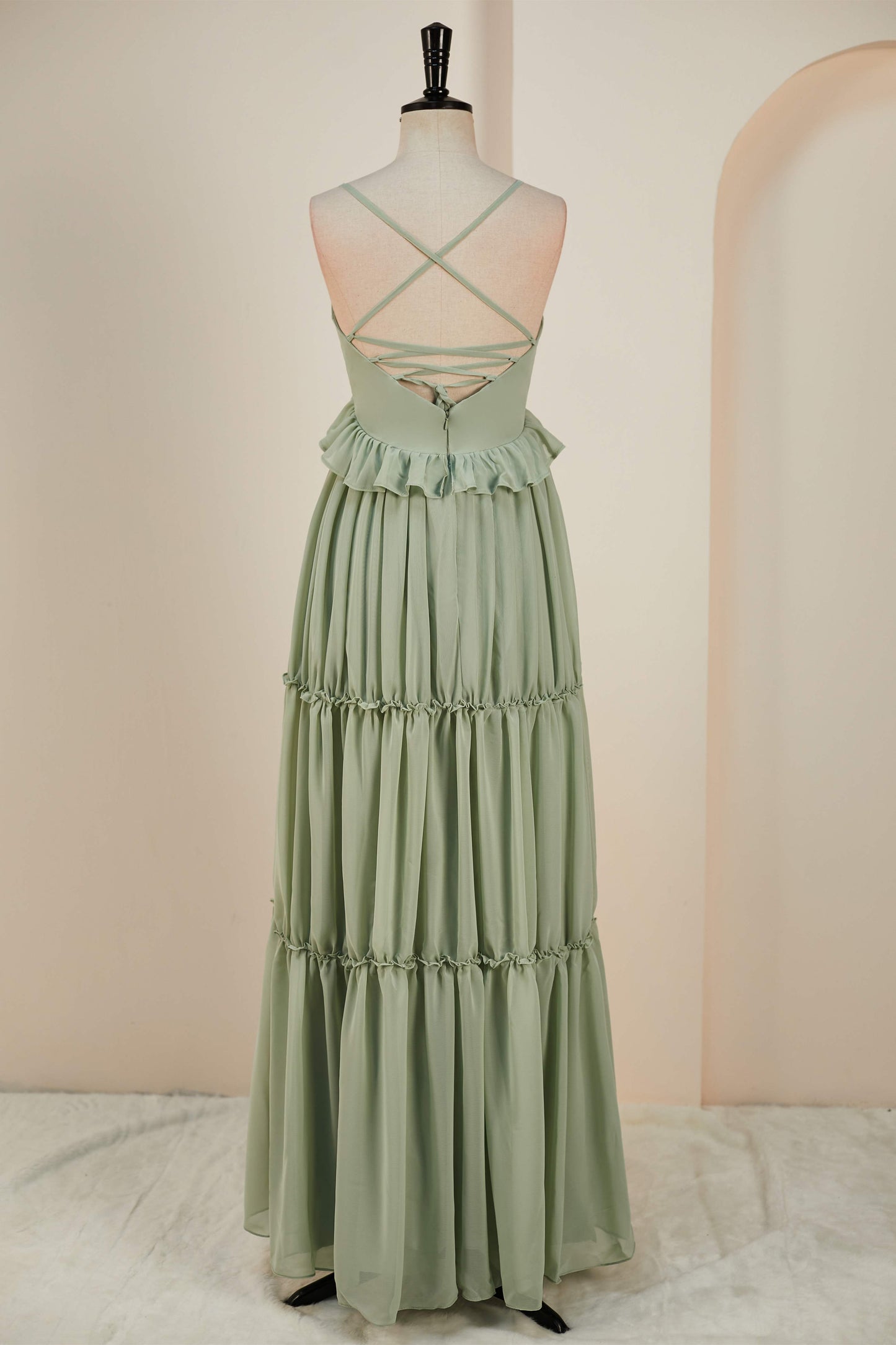 Deep V-Neck Dusty Sage Chiffon Ruffled Long Bridesmaid Dress