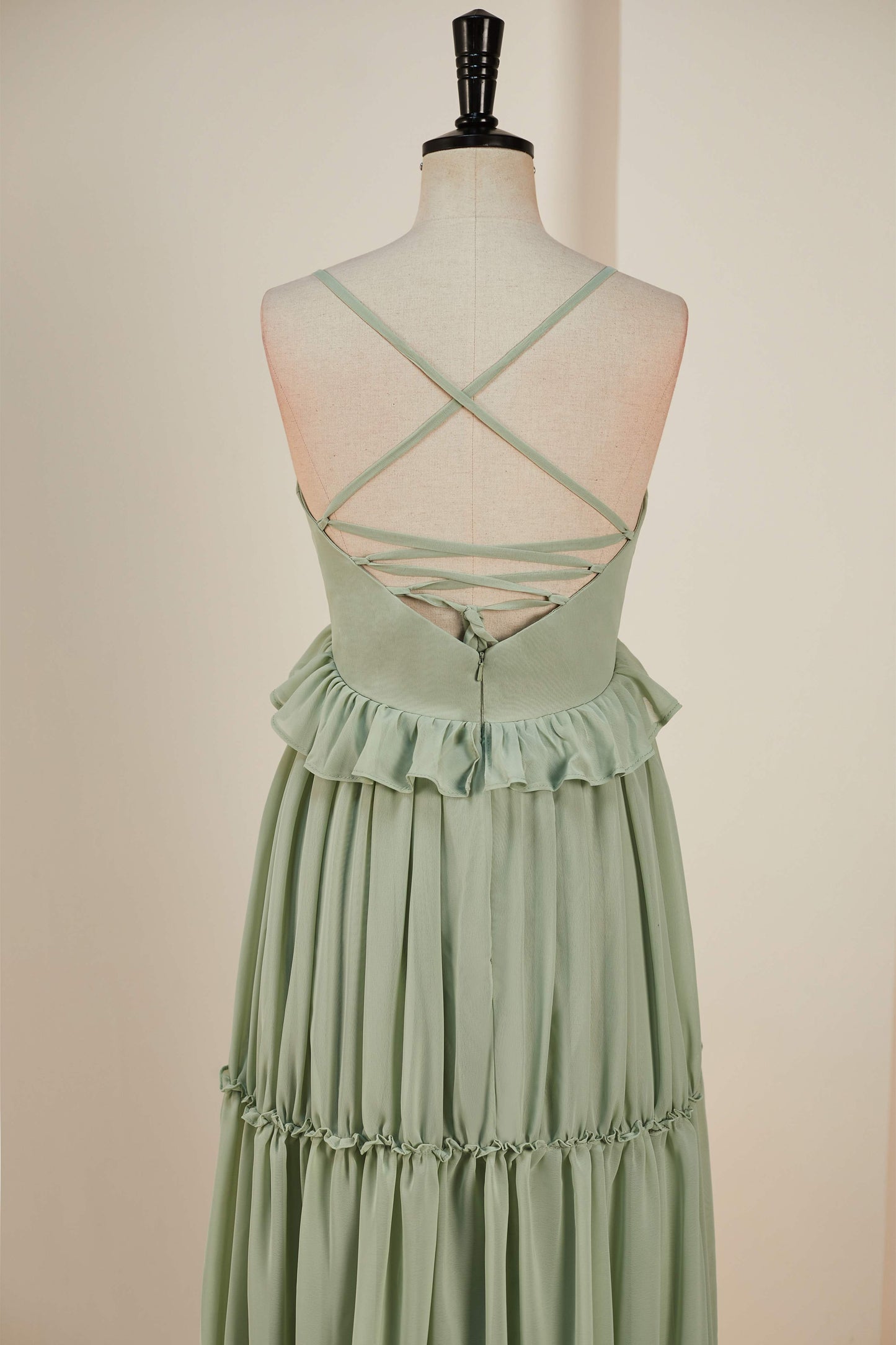 Deep V-Neck Dusty Sage Chiffon Ruffled Long Bridesmaid Dress