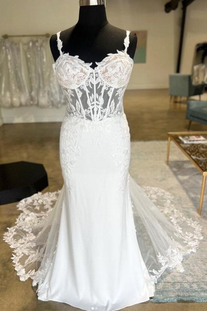 White Straps Corset Applique Mermaid Wedding Dress