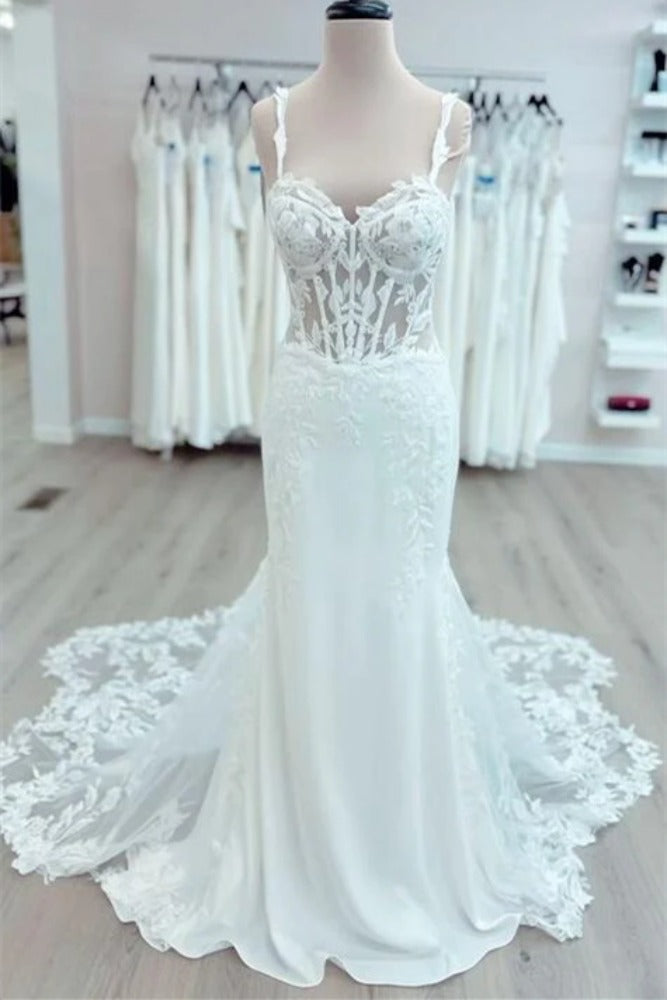 White Straps Corset Applique Mermaid Wedding Dress