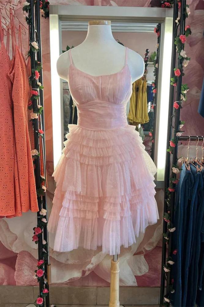 Straps Pink Multi-Layers A-line Short Homecoming Dress