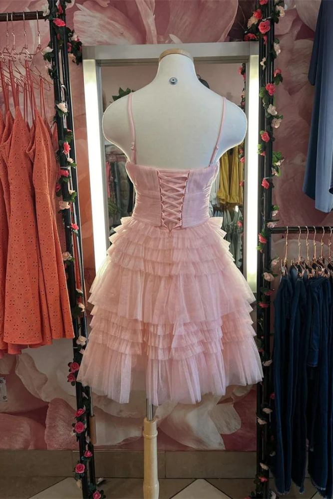 Straps Pink Multi-Layers A-line Short Homecoming Dress
