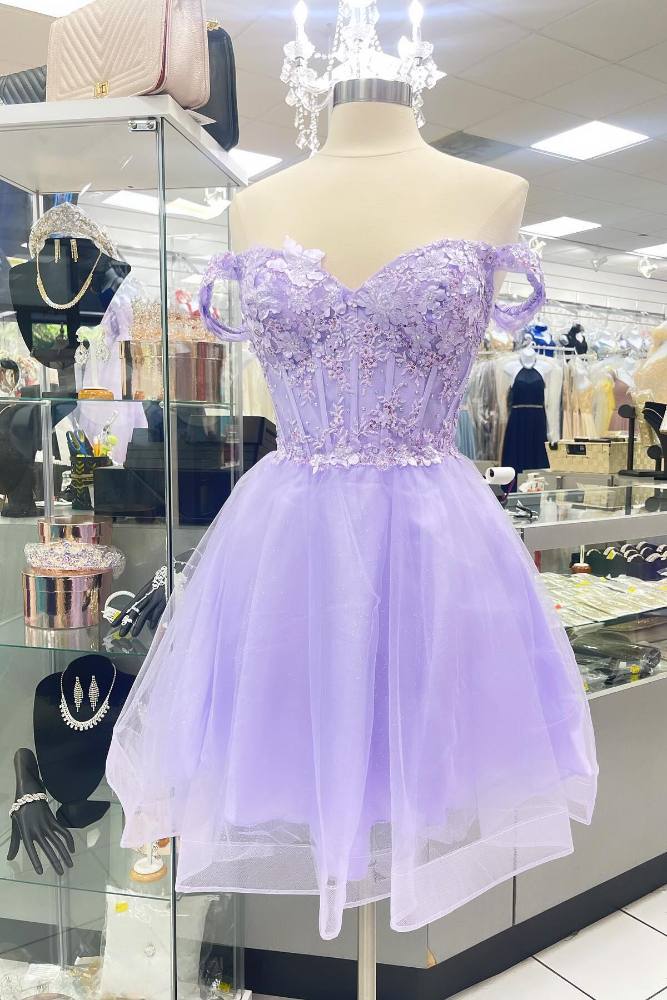 Lavender Off Shoulder Applique Tulle Homecoming Dress