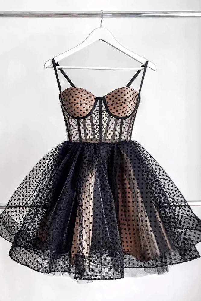 Straps Black Polka Dot Corset Mini Homecoming Dress Movousdress Straps Black Polka Dot Corset Mini Homecoming Dress Movousdress