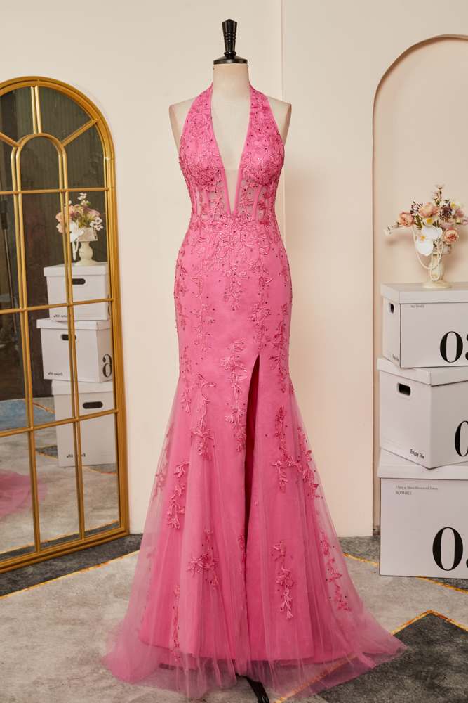 Plunging V Halter Pink Appliques Slit Mermaid Long Prom