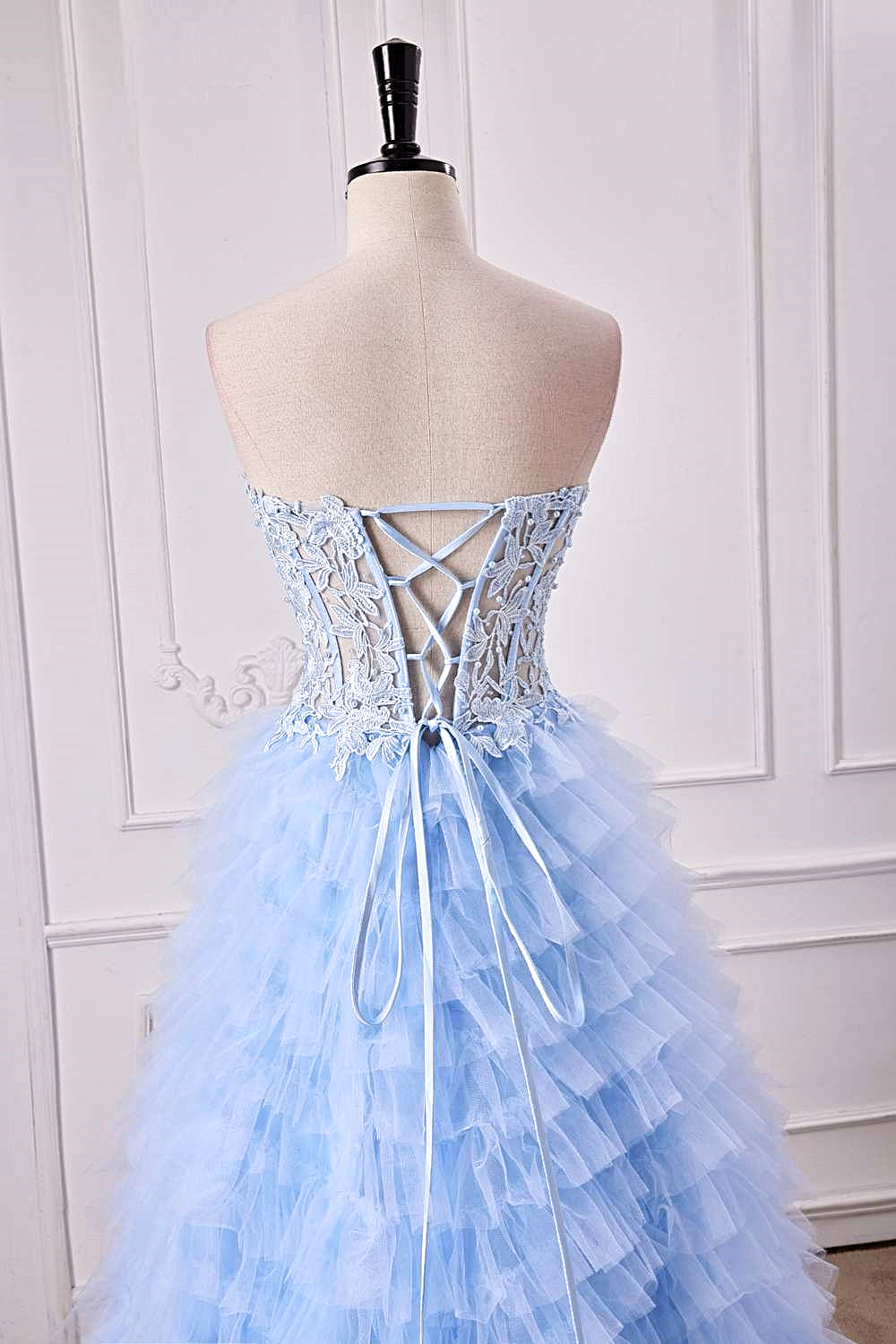 Strapless Light Blue A-line Slit Tulle Long Prom Dress