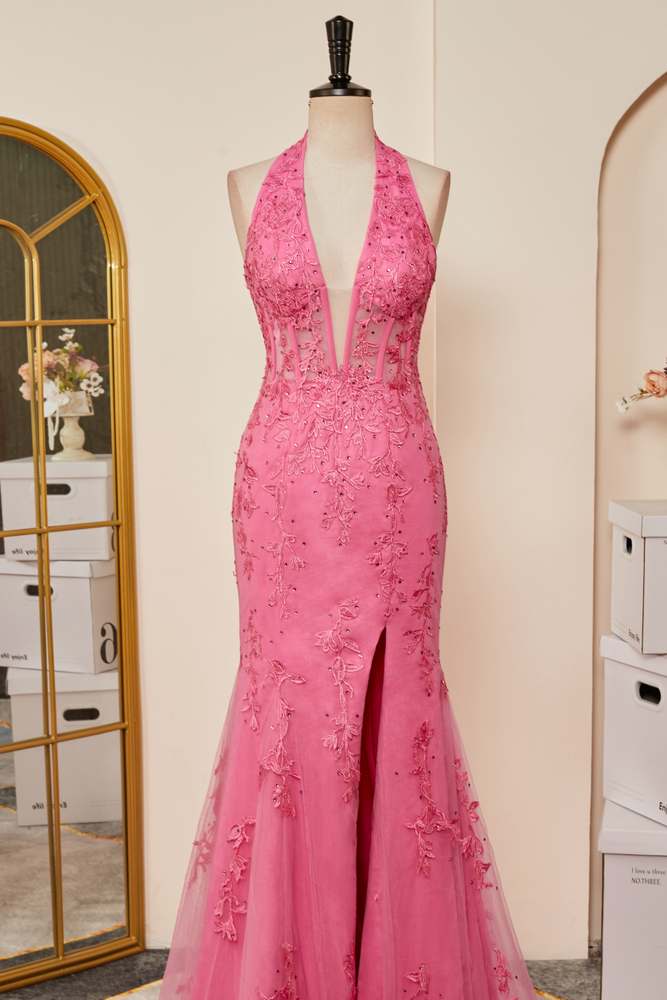 Plunging V Halter Pink Appliques Slit Mermaid Long Prom