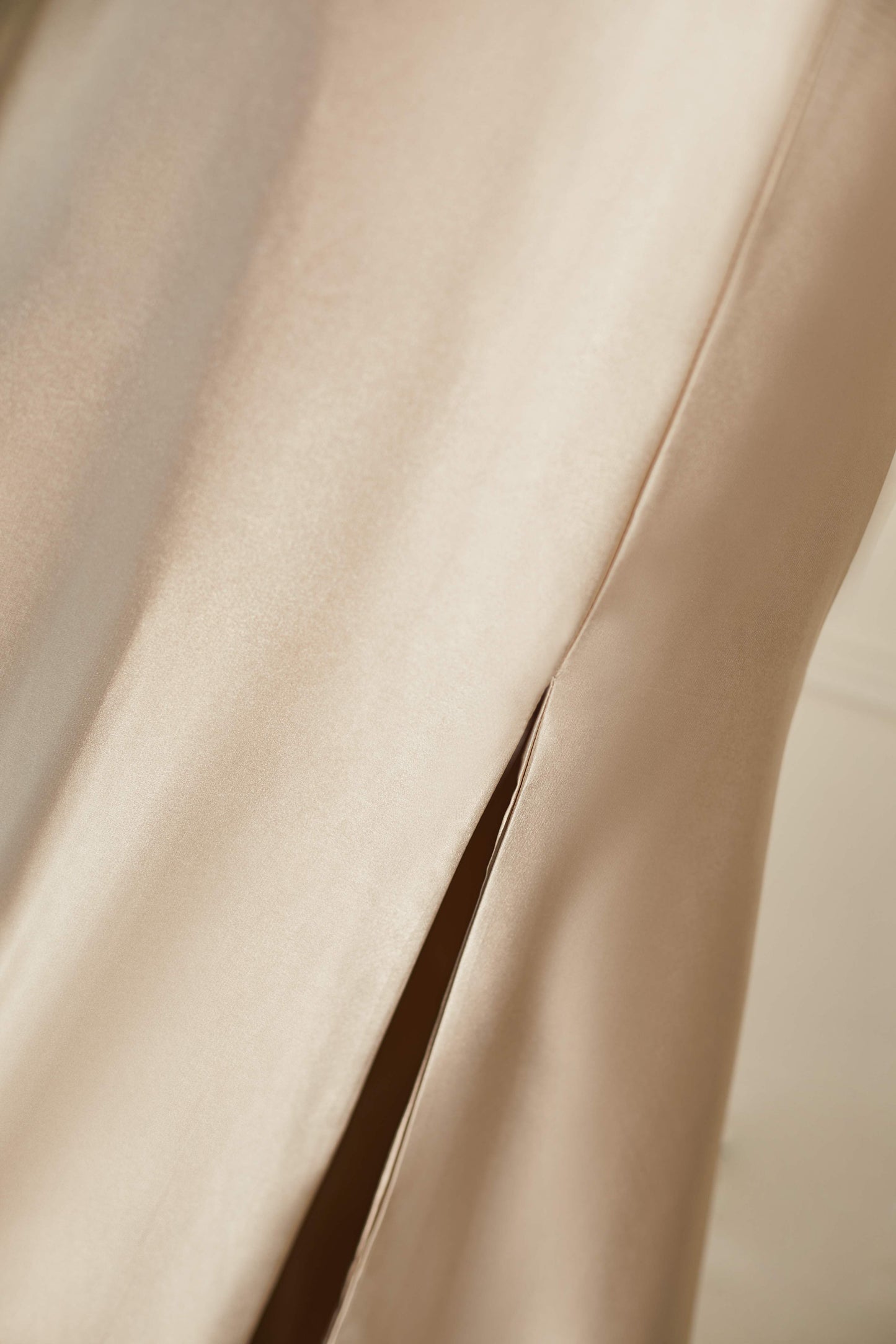 One Shoulder Satin Champagne A-line Slit Bridesmaid Dress