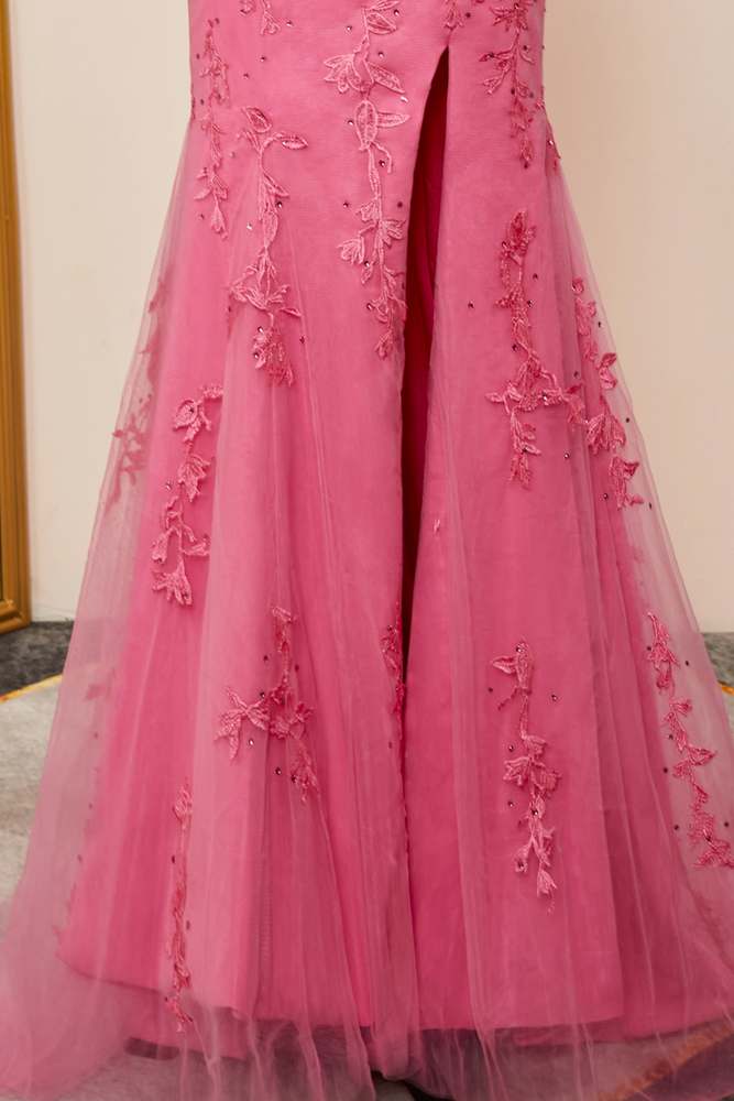 Plunging V Halter Pink Appliques Slit Mermaid Long Prom