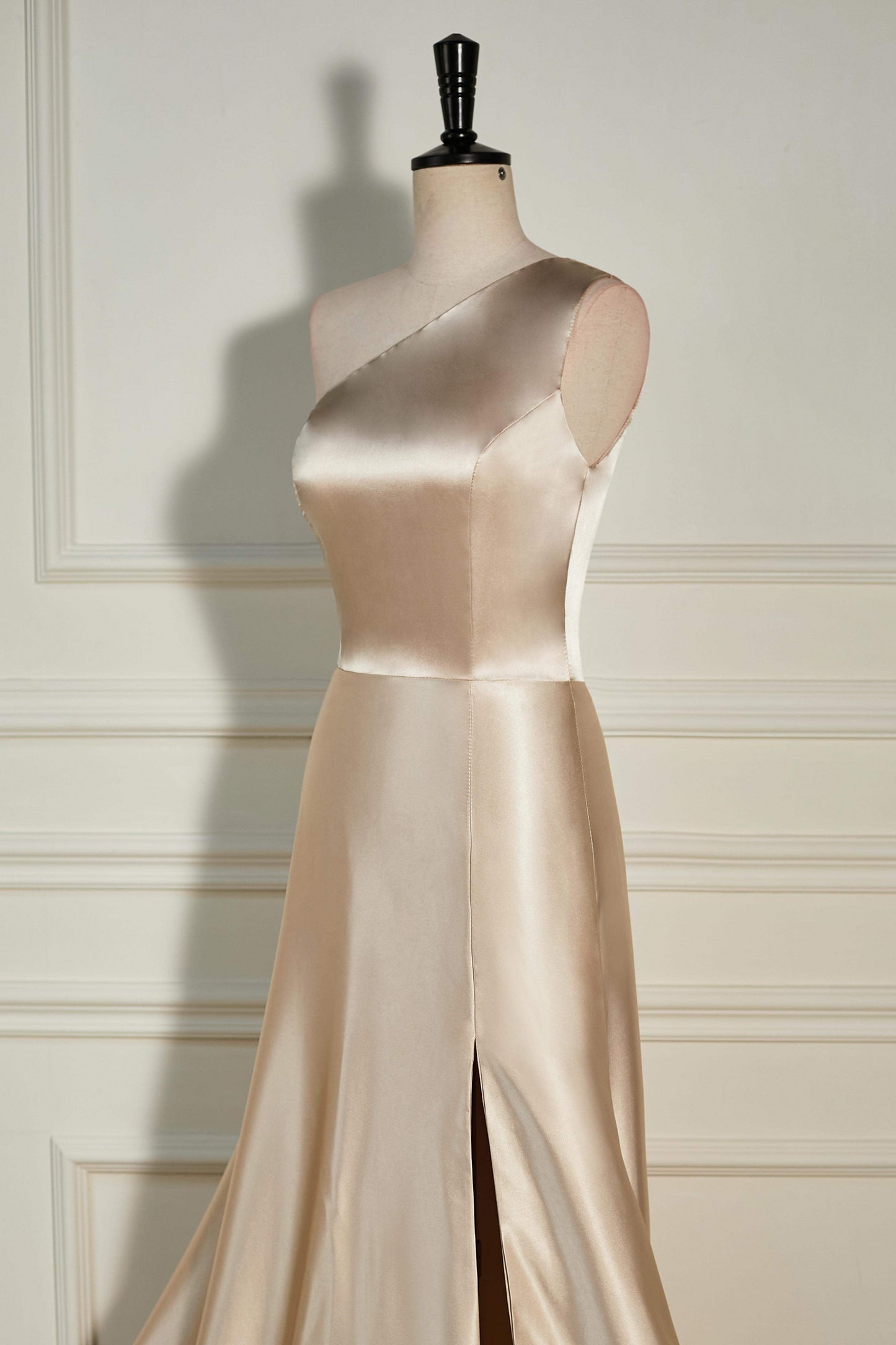 One Shoulder Satin Champagne A-line Slit Bridesmaid Dress