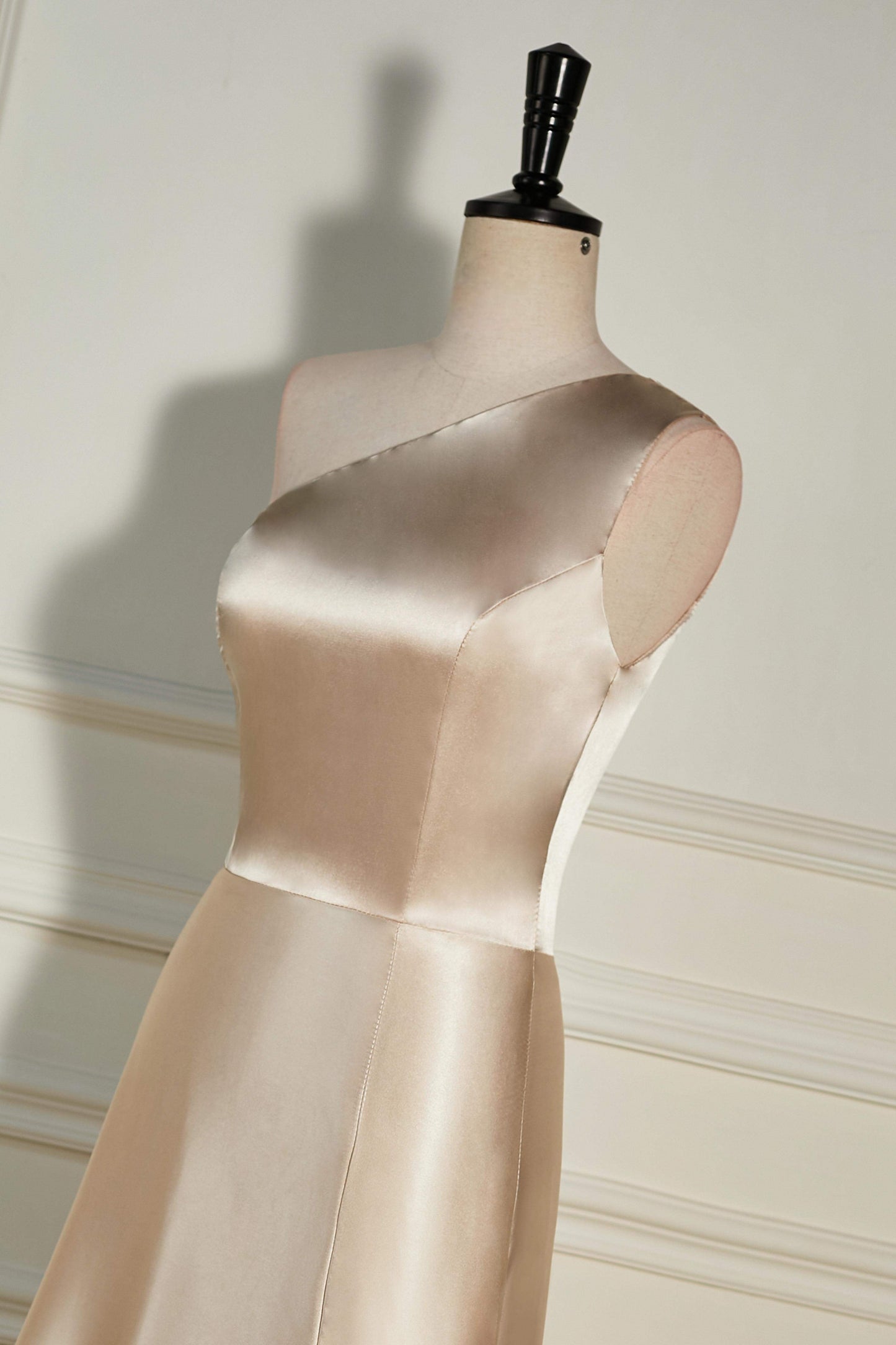 One Shoulder Satin Champagne A-line Slit Bridesmaid Dress