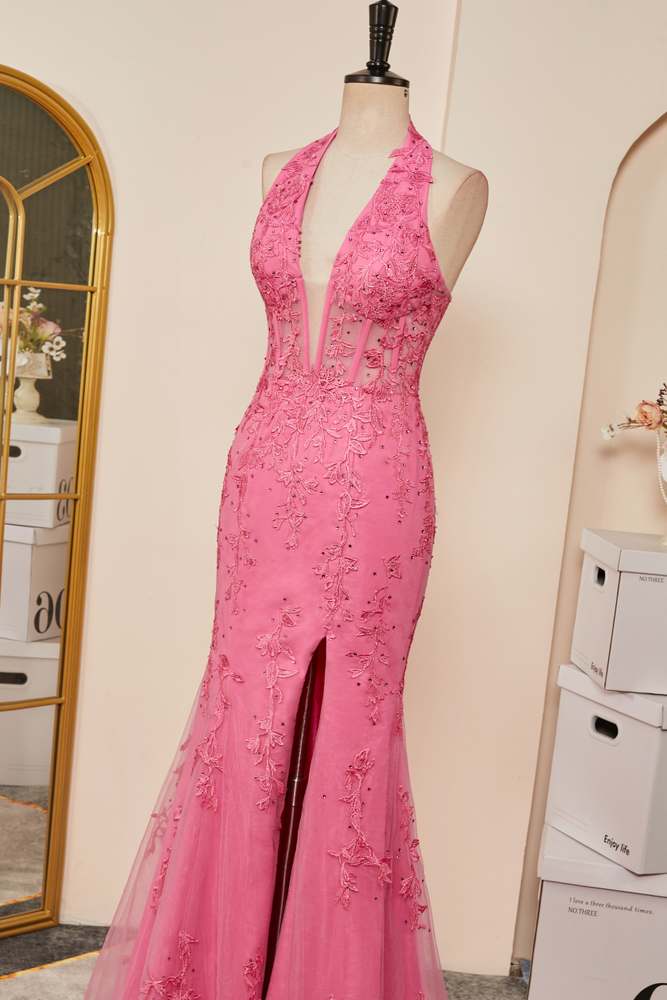 Plunging V Halter Pink Appliques Slit Mermaid Long Prom