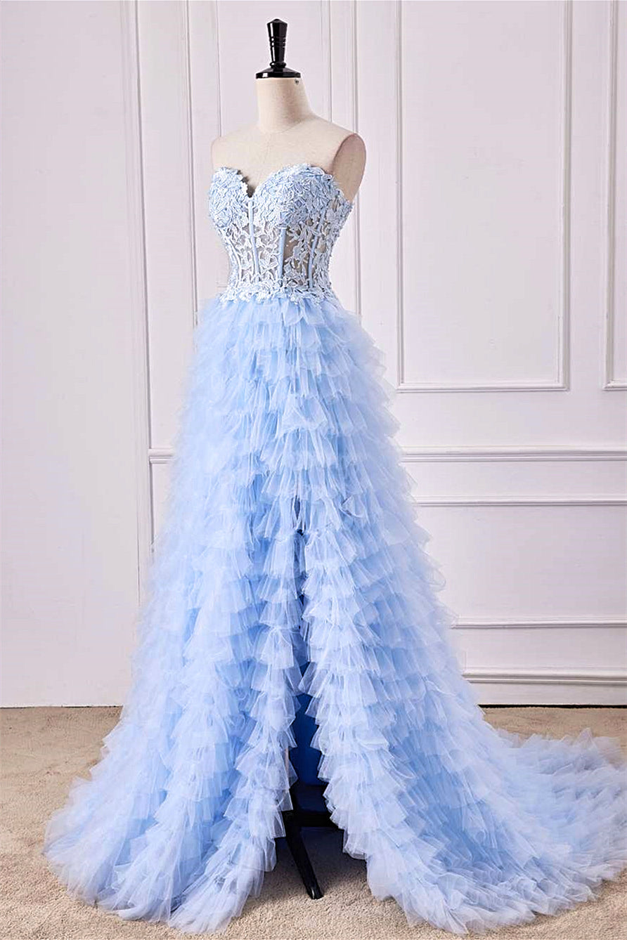 Strapless Light Blue A-line Slit Tulle Long Prom Dress
