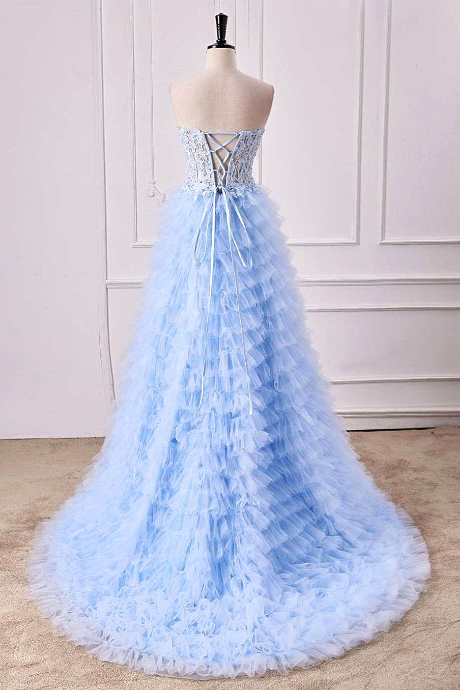 Strapless Light Blue A-line Slit Tulle Long Prom Dress