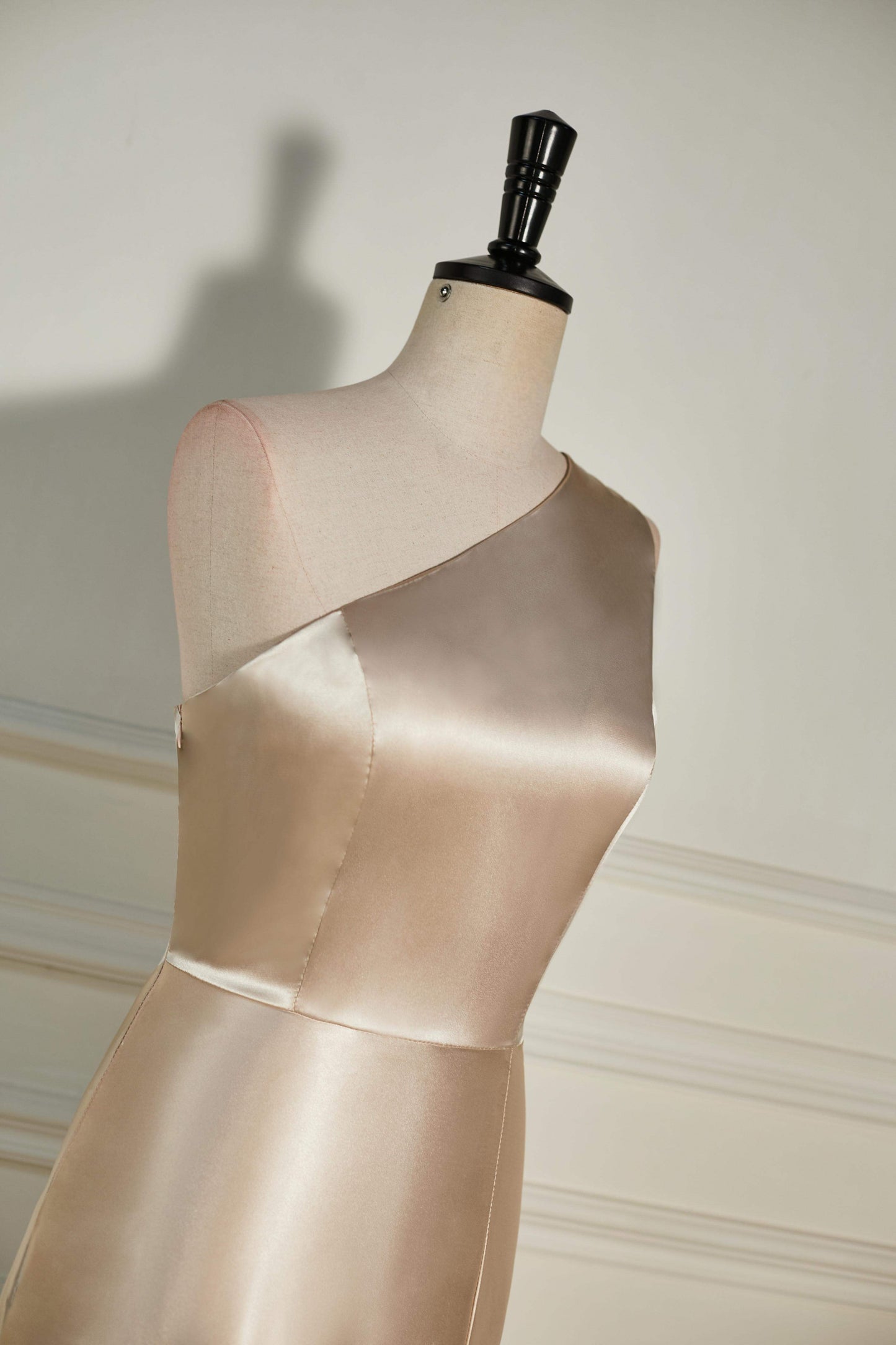 One Shoulder Satin Champagne A-line Slit Bridesmaid Dress