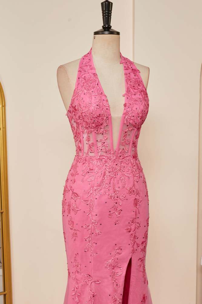 Plunging V Halter Pink Appliques Slit Mermaid Long Prom