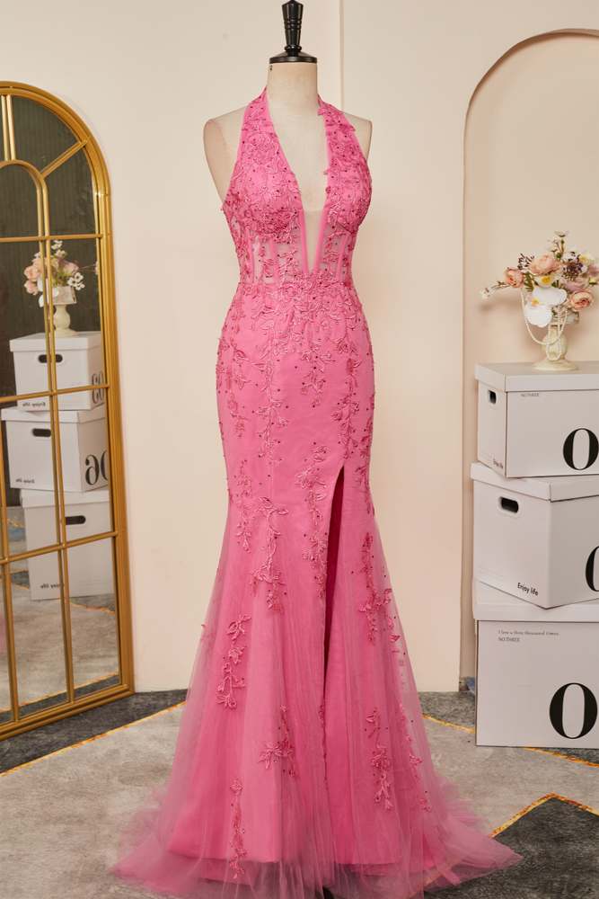 Plunging V Halter Pink Appliques Slit Mermaid Long Prom