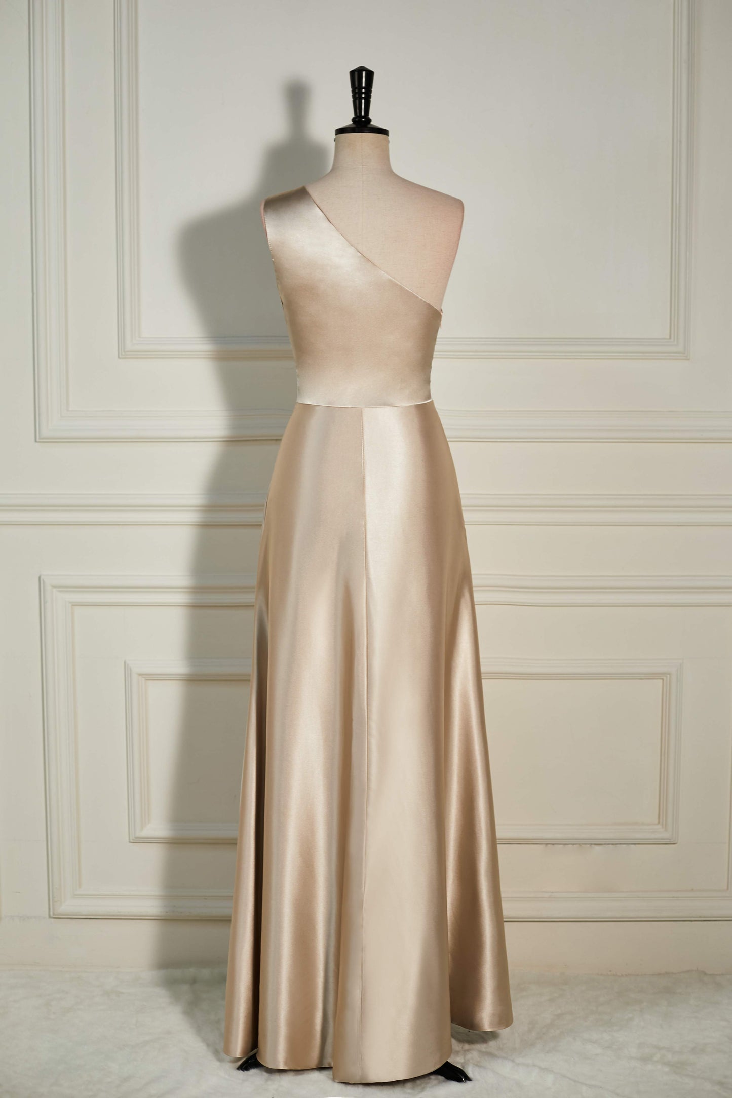 One Shoulder Satin Champagne A-line Slit Bridesmaid Dress