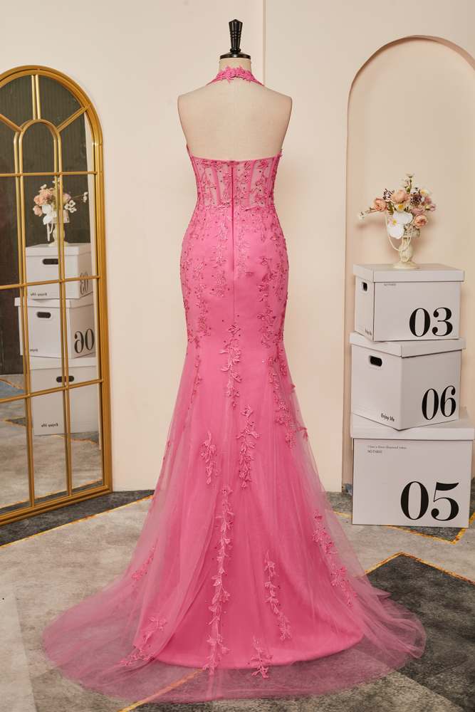 Plunging V Halter Pink Appliques Slit Mermaid Long Prom