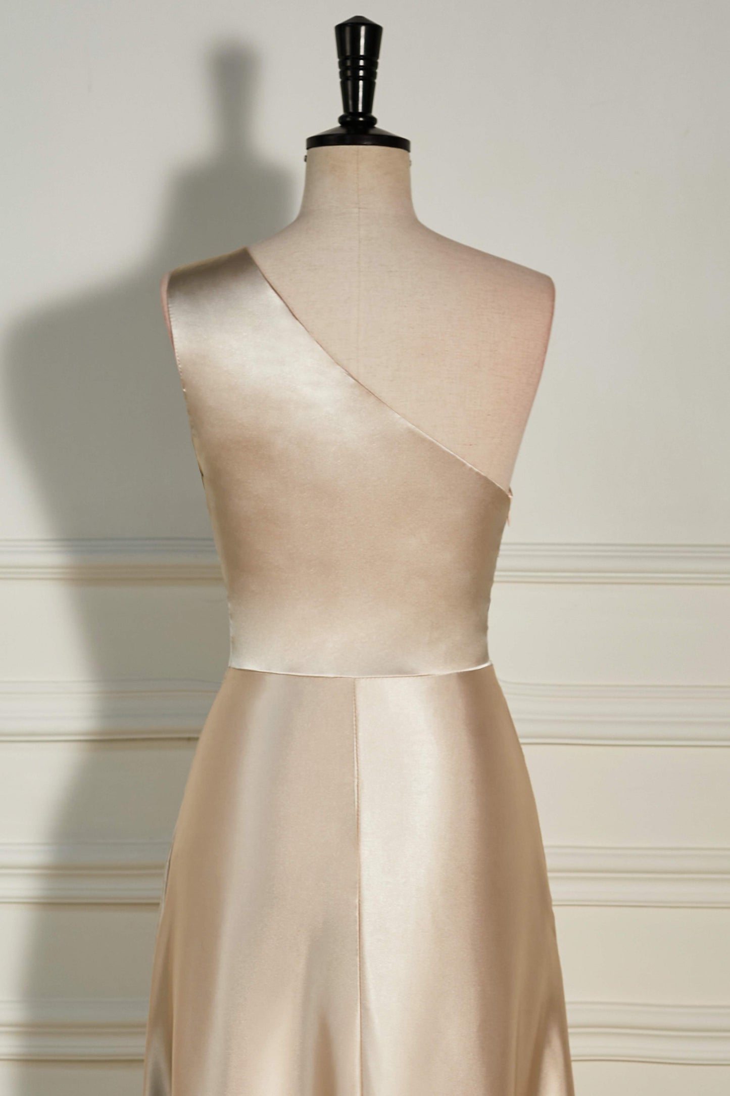 One Shoulder Satin Champagne A-line Slit Bridesmaid Dress