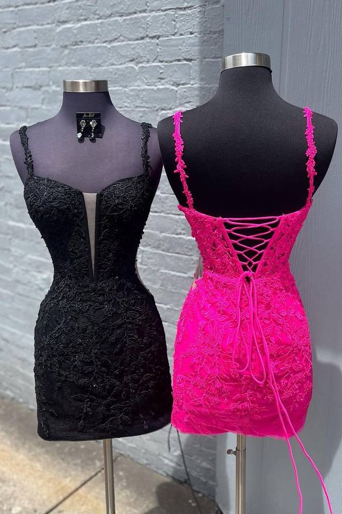 Black Plunging Neck Applique Homecoming Dress with Lace up
