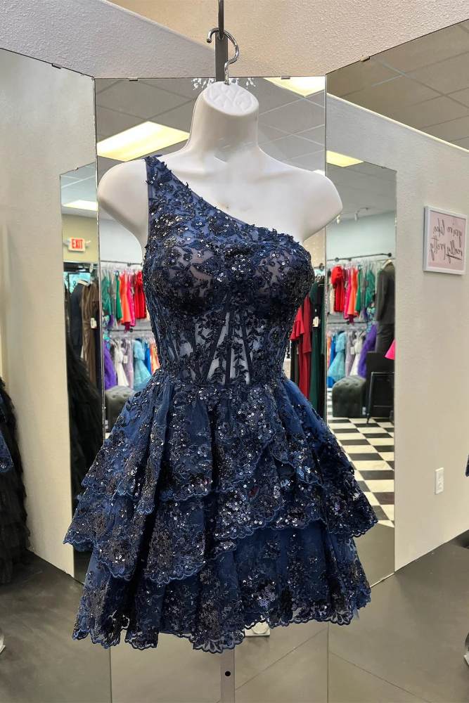 Dark Blue One Shoulder Sequin Applique Tiered Homecoming Dress