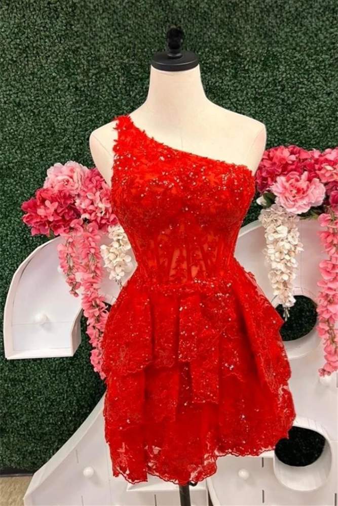 Red One Shoulder Sequin Applique Tiered Homecoming Dress