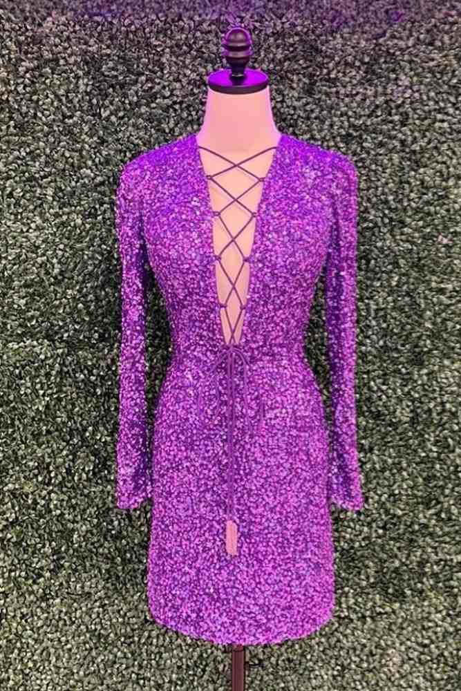 Purple Plunging Neck Sequin Homecoming Dress with Long Sleeves Movousdress Purple Plunging Neck Sequin Homecoming Dress with Long Sleeves Movousdress