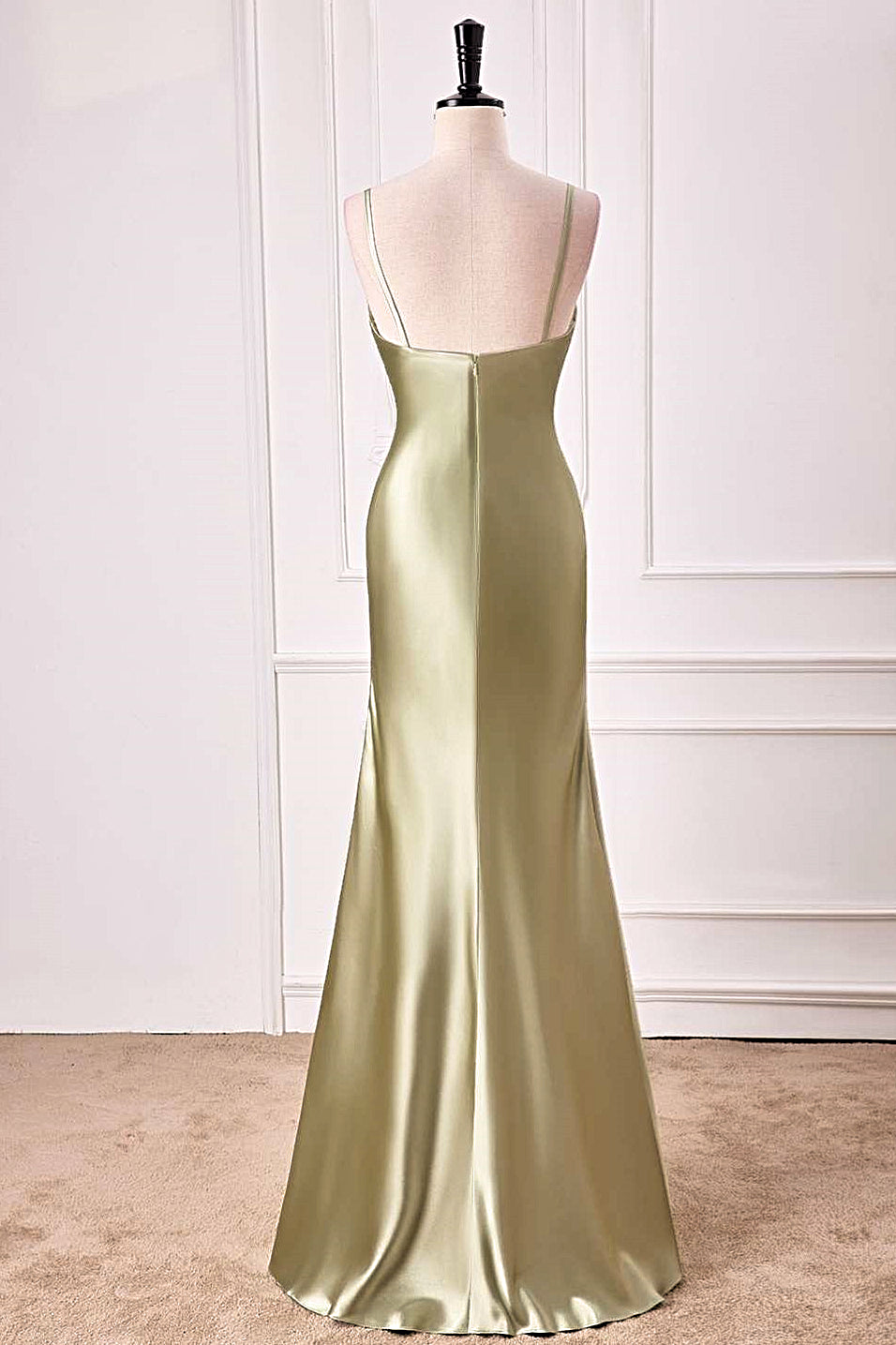 V-Neck Satin Dusty Sage Mermaid Long Prom Dress