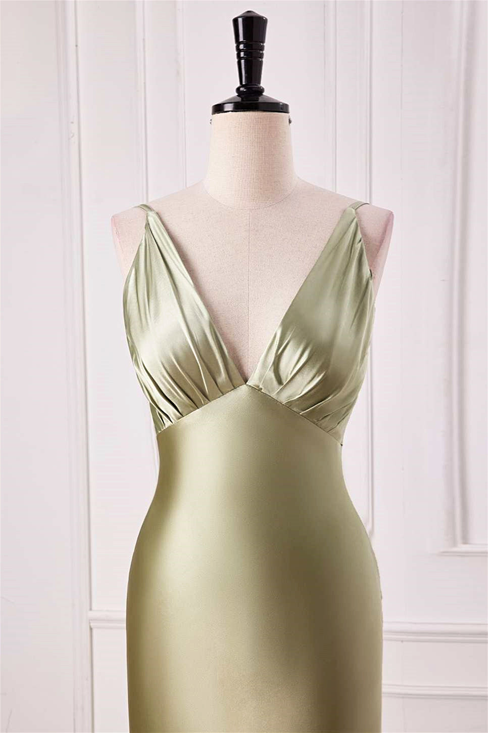 V-Neck Satin Dusty Sage Mermaid Long Prom Dress