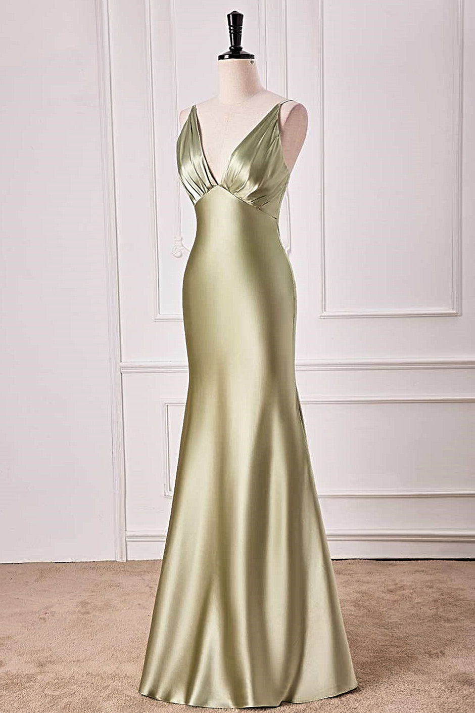 V-Neck Satin Dusty Sage Mermaid Long Prom Dress