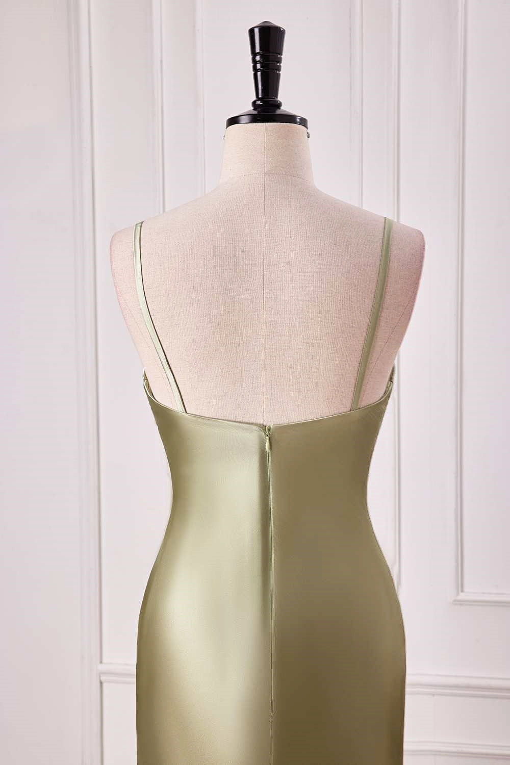 V-Neck Satin Dusty Sage Mermaid Long Prom Dress