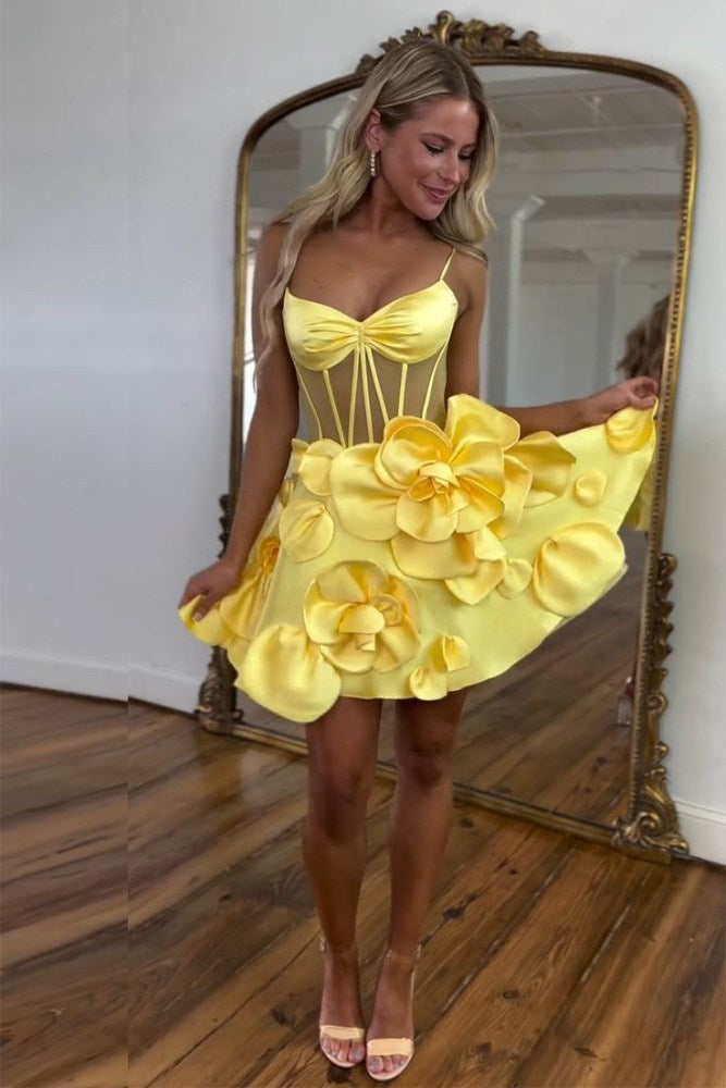 yellow floral homecoming dress Yellow Floral Tulle Knee Length Prom Dress, A-Line Off the Shoulder Ho EvaFashionDress