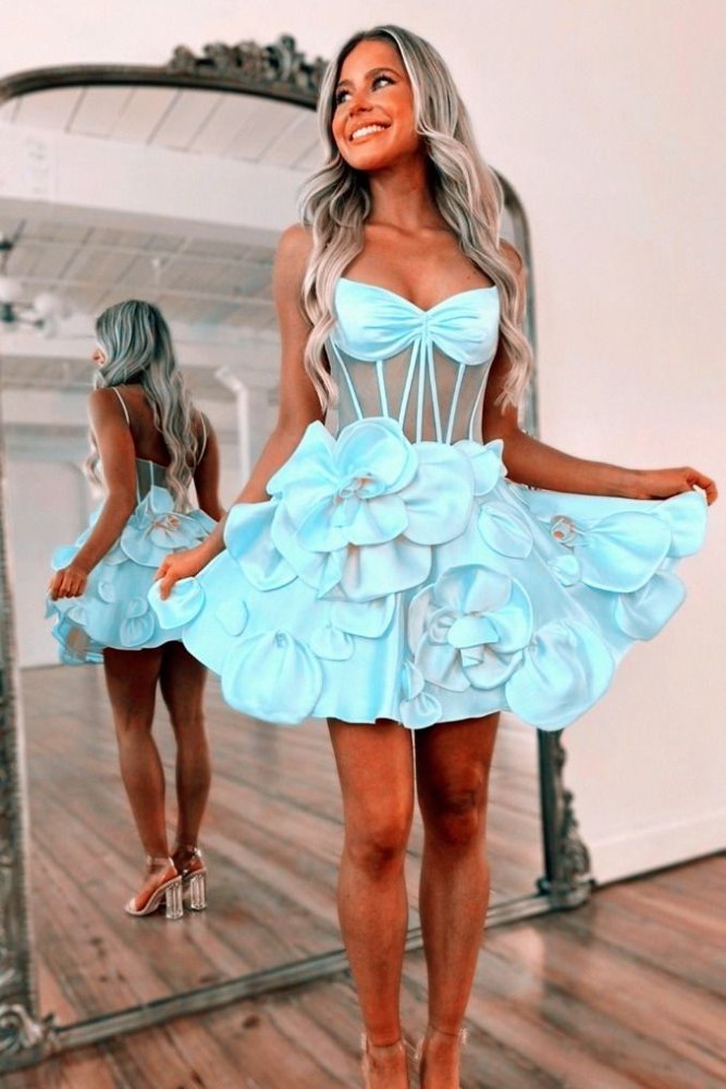 Yellow Straps A-Line Homecoming Dress with 3D Floral