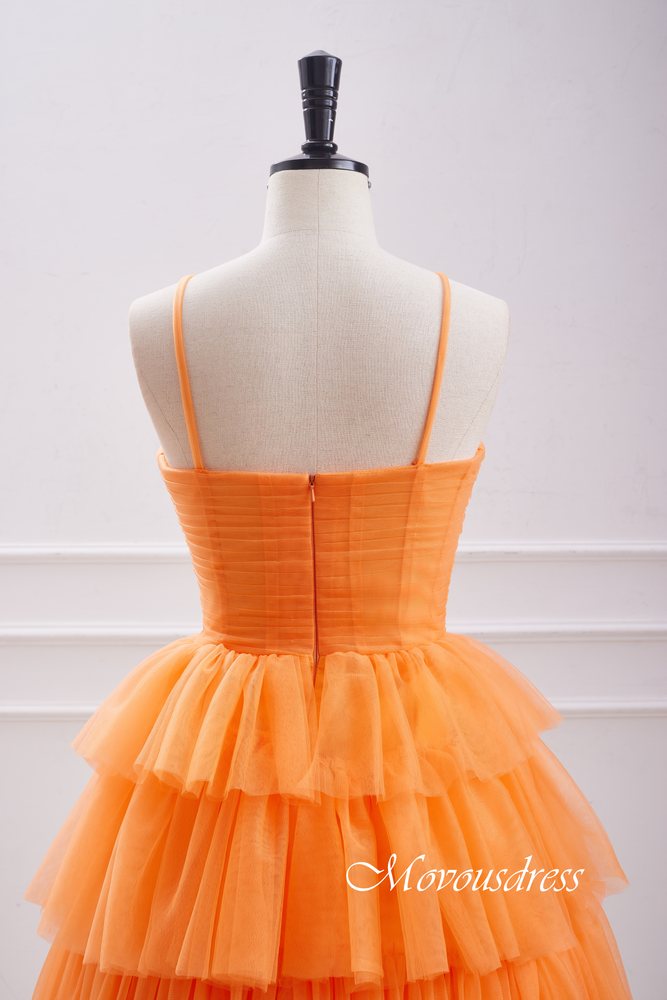 Orange Spaghetti Straps Multi-Layers A-line Homecoming Dress with Floral