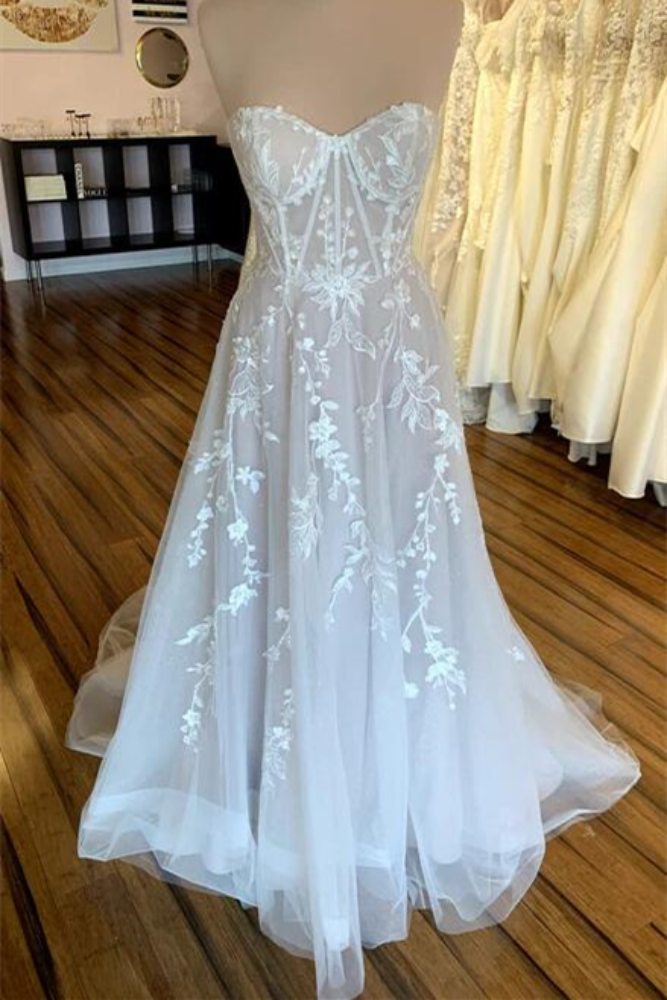 White Strapless Applique A-Line Tulle Bridal Dress