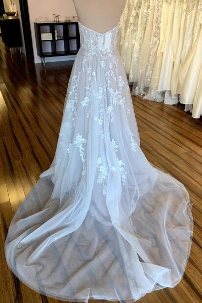 White Strapless Applique A-Line Tulle Bridal Dress