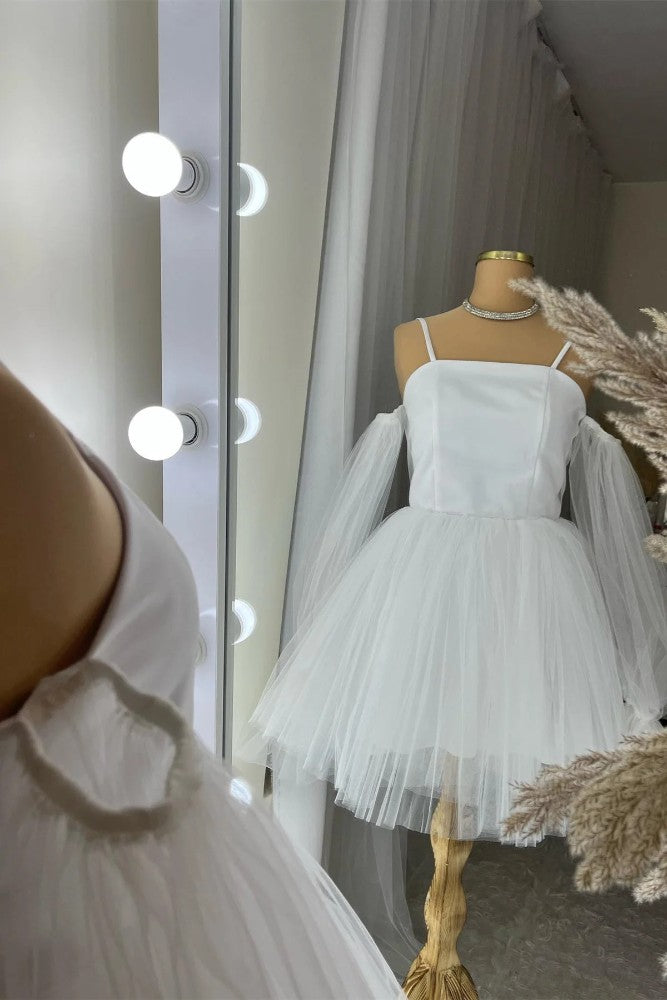 White Straps A-line Tulle Homecoming Dress with Sleeves