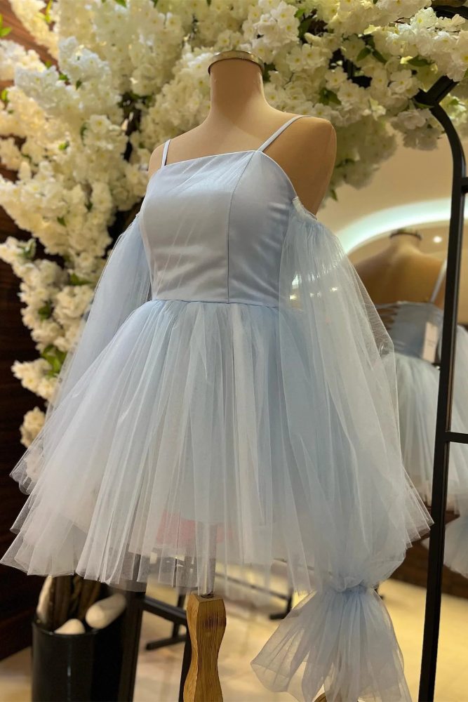 Ice Blue Straps A-line Tulle Homecoming Dress with Sleeves