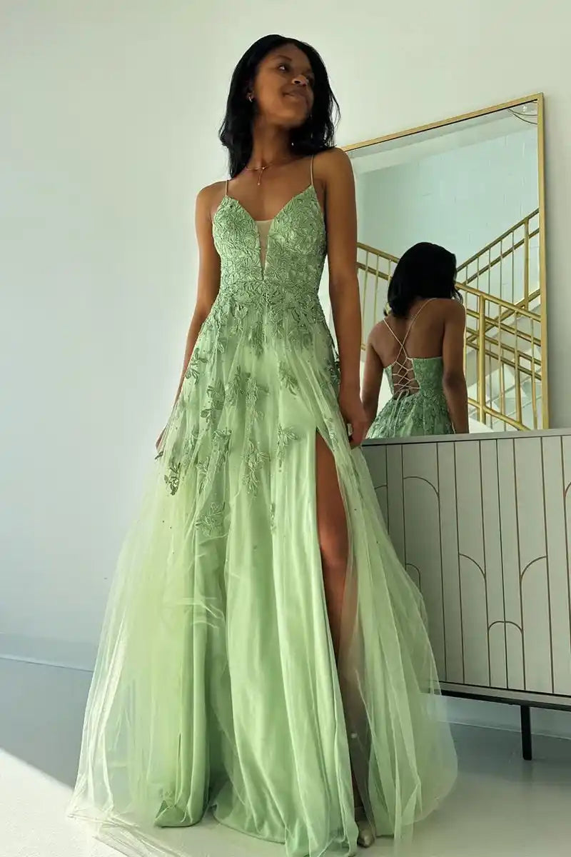 Cute Tulle A-Line V-Neck Spaghetti Straps Appliques Prom Dress Movousdress Cute Tulle A-Line V-Neck Spaghetti Straps Appliques Prom Dress Movousdress