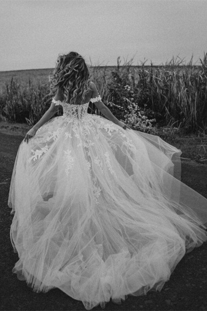 White Off the Shoulder Applique Bridal Dress with Slit