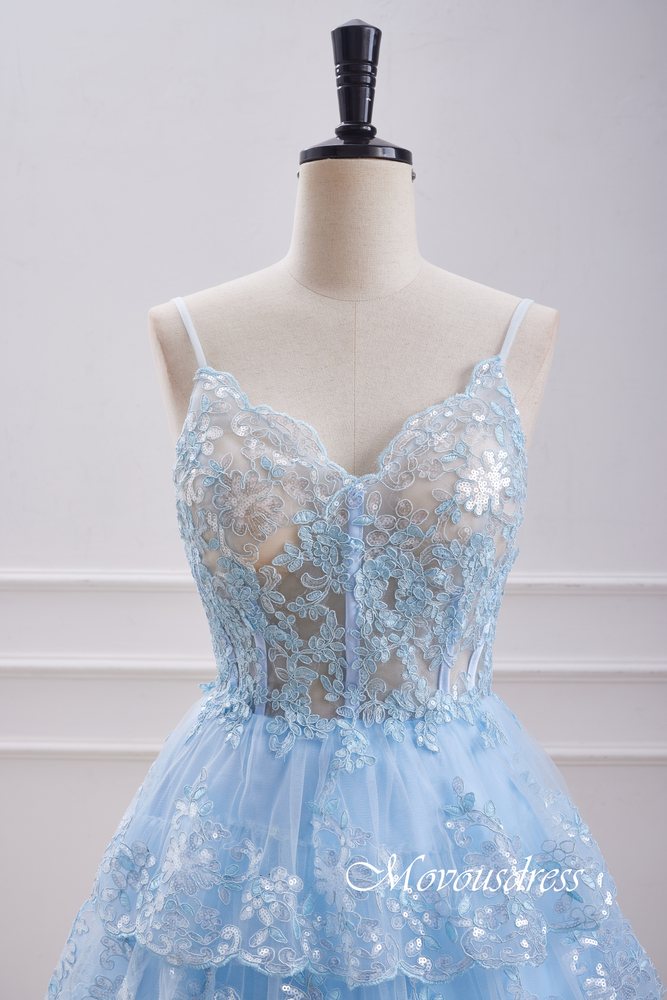 Light Blue Spaghetti Straps Ruffle Homecoming Dress