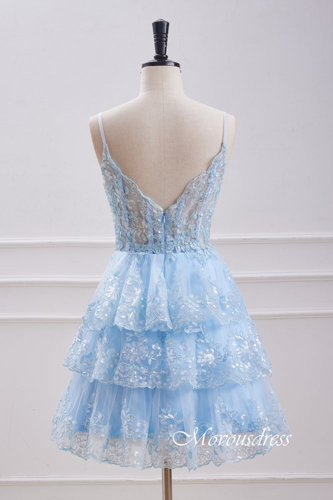 Light Blue Spaghetti Straps Ruffle Homecoming Dress