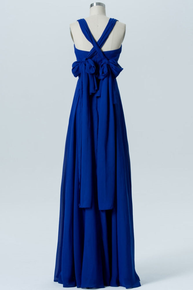 Royal Blue Pleated Long Bridesmaid Dress with Bow Back