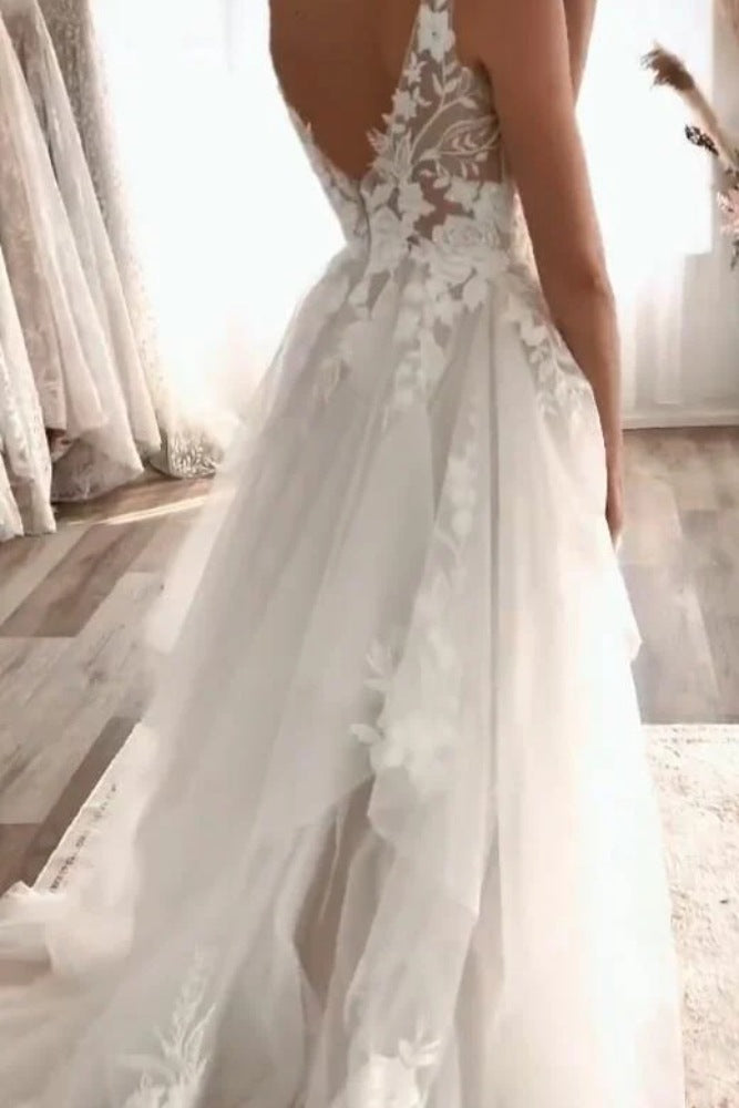 Champagne V-Neck Applique Ruched Tulle Bridal Dress