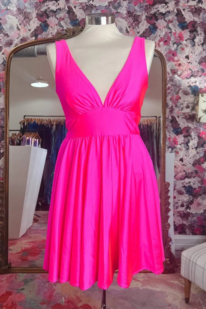 Neon Pink V-Neck A-line Homecoming Dress Movousdress Neon Pink V-Neck A-line Homecoming Dress Movousdress