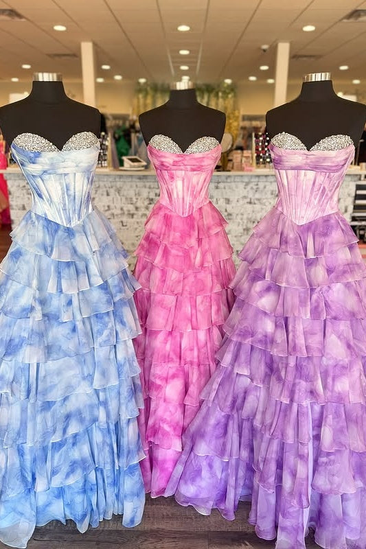 A-Line Beaded Sweetheart Strapless Tiered Party Prom Dress